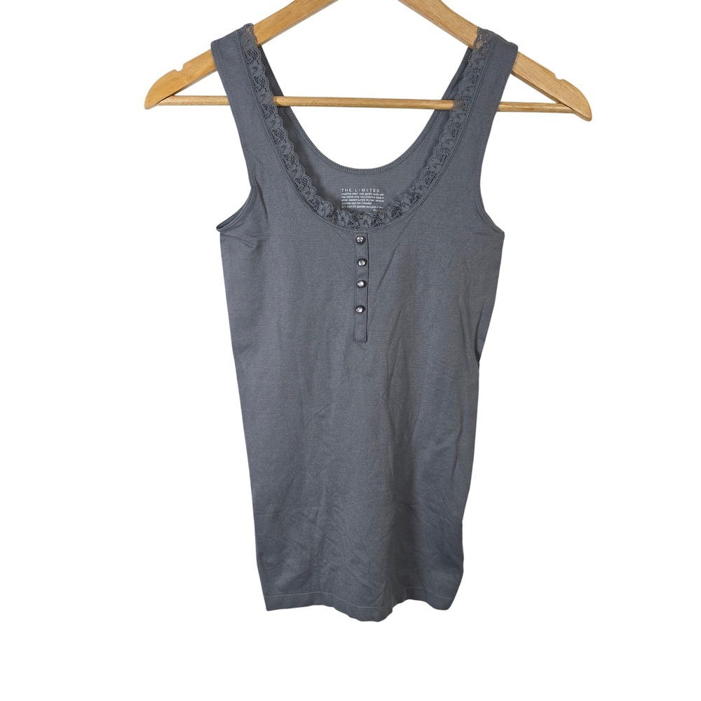 The Limited Women Gray Lace Trim Henley Tank Top Scoop Neck Stretch Size S